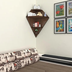 Diamond Shape Wood Corner Wall Shelf / Book Shelf, Walnut Finish - All India Decor