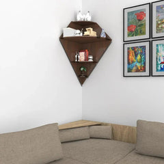 Diamond Shape Wood Corner Wall Shelf / Book Shelf, Walnut Finish - All India Decor