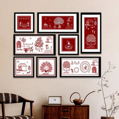 Warli Red Art Frame Set Of 8 - All India Decor