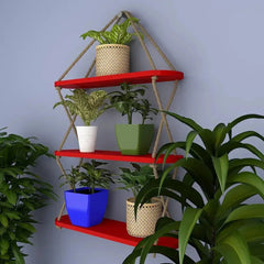 Wooden Wall Hanging Planter Shelf, Cross Rope with Three Layer (Red Color) - All India Decor