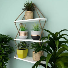 Wooden Wall Hanging Planter Shelf, Cross Rope with Three Layer (White Color) - All India Decor
