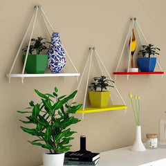Wooden Wall Hanging Planter Shelf with Rope (Multicolor, Set of 3) - All India Decor