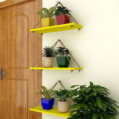 Wooden Wall Hanging Planter Shelf with Rope (Yellow, Set of 3) - All India Decor