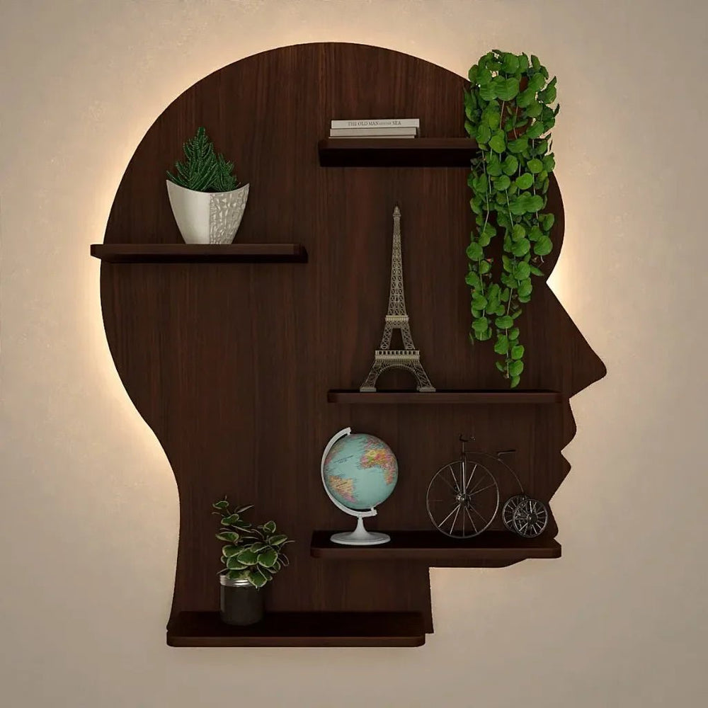 Man Backlit Wood Wall Shelf / Book Shelf, Walnut Finish - All India Decor