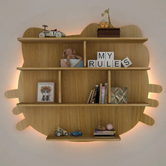 Cat Shape Backlit Wood Wall Shelf / Book Shelf / Night Light, Oak Finish - All India Decor
