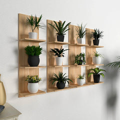 Classic Vertical Oak Finish Planter Wall Shelves Set Of 4 - All India Decor