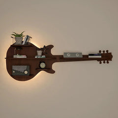 Guitar Backlit Wood Wall Shelf / Book Shelf / Night Light, Walnut Finish - All India Decor