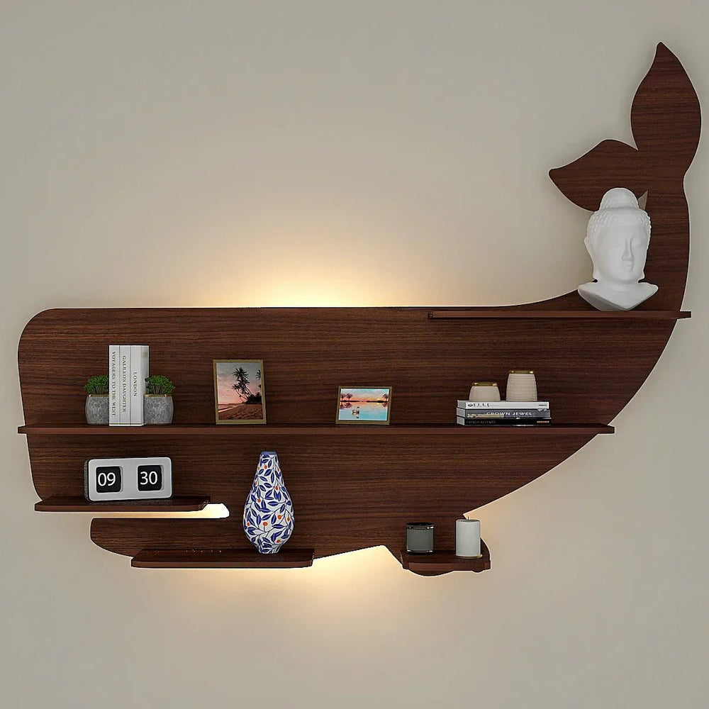 Whale Backlit Wood Wall Shelf / Book Shelf / Night Light, Walnut Finish - All India Decor