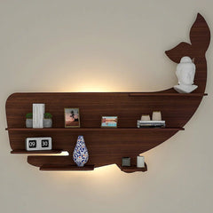Whale Backlit Wood Wall Shelf / Book Shelf / Night Light, Walnut Finish - All India Decor