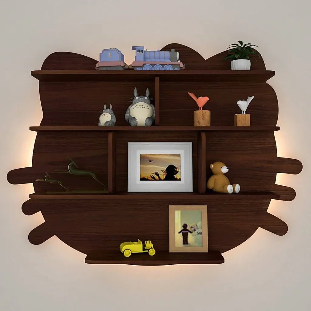 Cat Shape Backlit Wood Wall Shelf / Book Shelf / Night Light, Walnut Finish - All India Decor