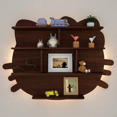 Cat Shape Backlit Wood Wall Shelf / Book Shelf / Night Light, Walnut Finish - All India Decor