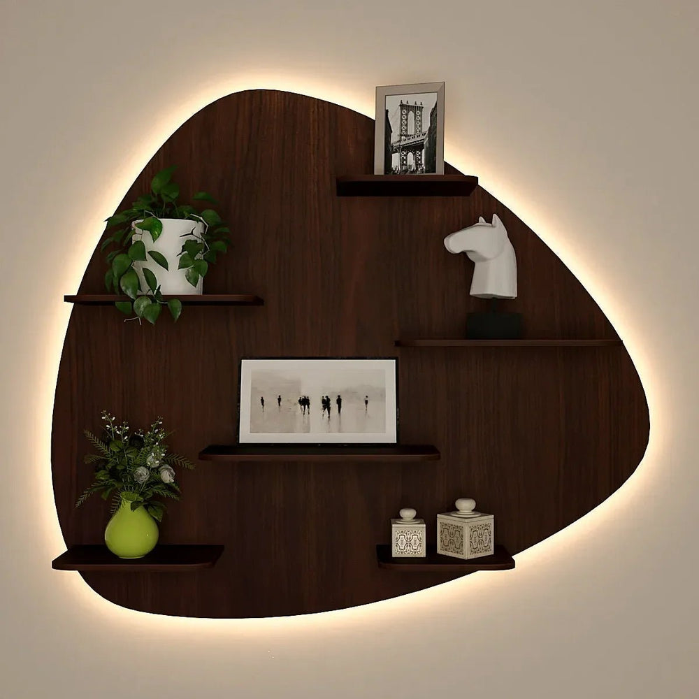 Abstract Shape Backlit Wood Wall Shelf / Book Shelf / Night Light, Walnut Finish - All India Decor