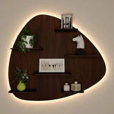 Abstract Shape Backlit Wood Wall Shelf / Book Shelf / Night Light, Walnut Finish - All India Decor