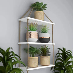 Planter Shelf Wooden Wall Hanging with Rope (White Color) - All India Decor