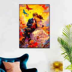 Young Couple Romantic Artwork Butterflies with Beautiful Sky Colorful Artwork Valentines Day Love Canvas Wall Paintings & Arts Gallery - All India Decor