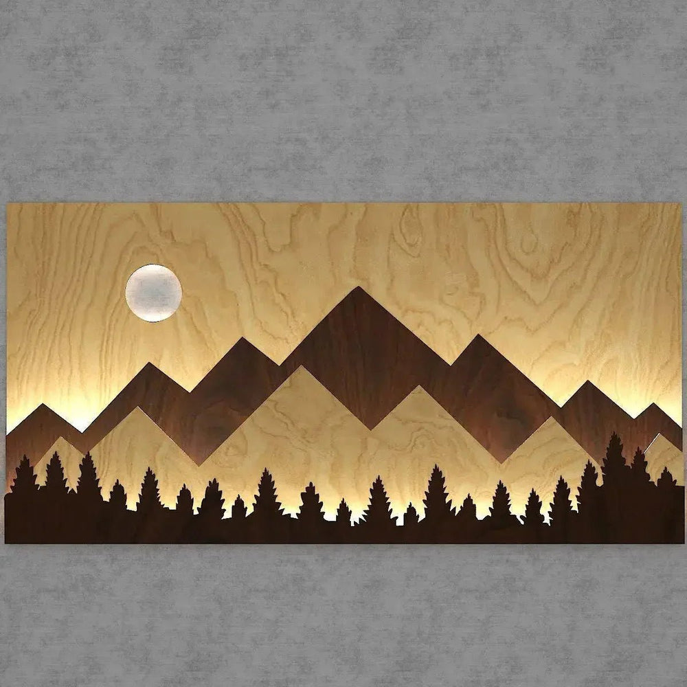 Layred Mountain Pallat Woood Art with Backlit Wood Wall Décor / Night Light, Walnut or Oak Finish - All India Decor