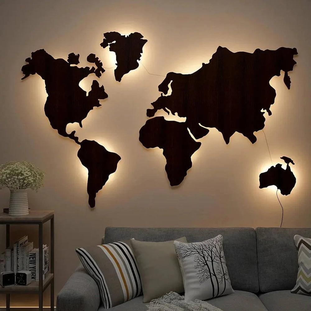 World Map Backlit Wood Wall Décor / Night Light, Walnut Finish - All India Decor