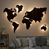 World Map Backlit Wood Wall Décor / Night Light, Walnut Finish - All India Decor