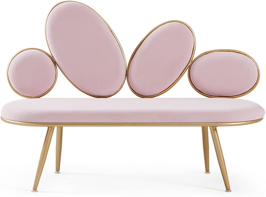 Pink bench with gold accents on a white background