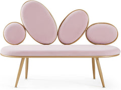 Pink bench with gold accents on a white background
