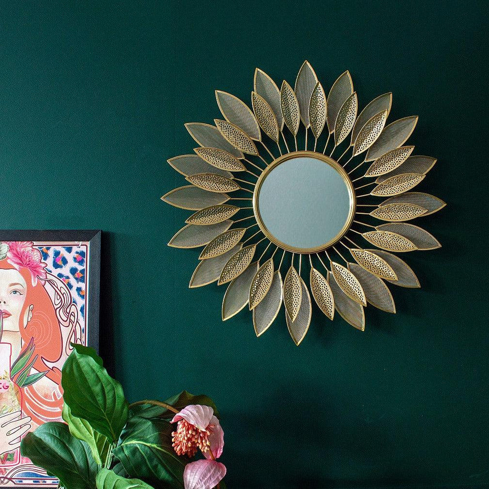 Golden Metal Leaves Wall Mirror - All India Decor