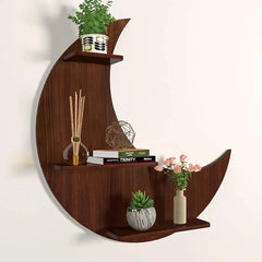 Moon Backlit Wood Wall Shelf / Book Shelf, Walnut Finish - All India Decor