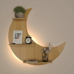 Moon Backlit Wood Wall Shelf / Book Shelf, Oak Finish - All India Decor