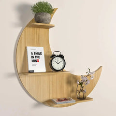 Moon Backlit Wood Wall Shelf / Book Shelf, Oak Finish - All India Decor