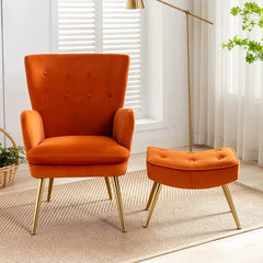 Tufted Long Back Orange Lounge Chair With Ottoman - All India Decor