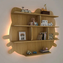 Cat Shape Backlit Wood Wall Shelf / Book Shelf / Night Light, Oak Finish - All India Decor