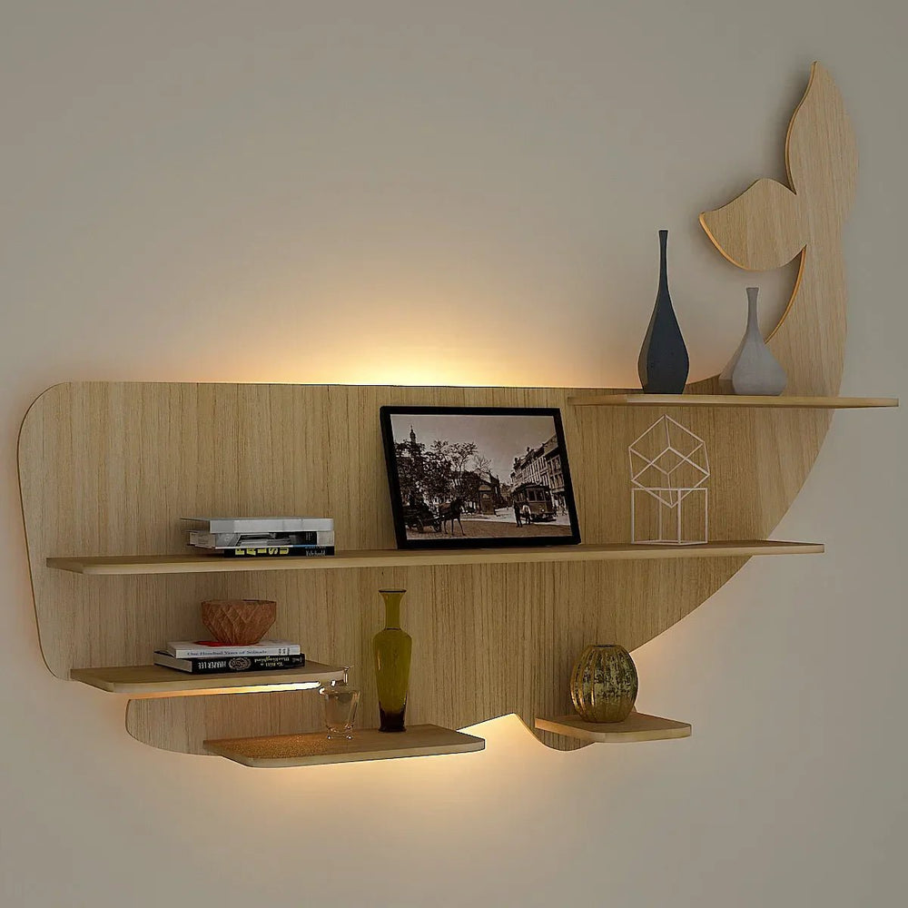 Whale Backlit Wood Wall Shelf / Book Shelf / Night Light, Light Oak Finish - All India Decor