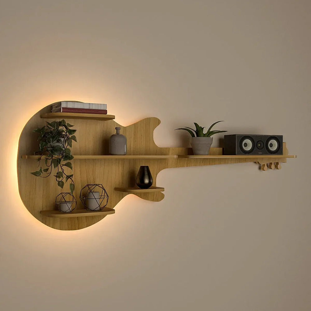 Guitar Backlit Wood Wall Shelf / Book Shelf / Night Light, Light Oak Finish - All India Decor