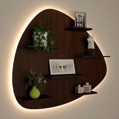 Abstract Shape Backlit Wood Wall Shelf / Book Shelf / Night Light, Walnut Finish - All India Decor