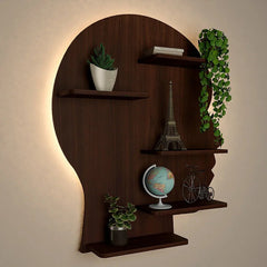 Man Backlit Wood Wall Shelf / Book Shelf, Walnut Finish - All India Decor