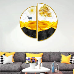 Golden Trees, Mountains, Semi Circle Canvas Wall Art & Paintings - All India Decor