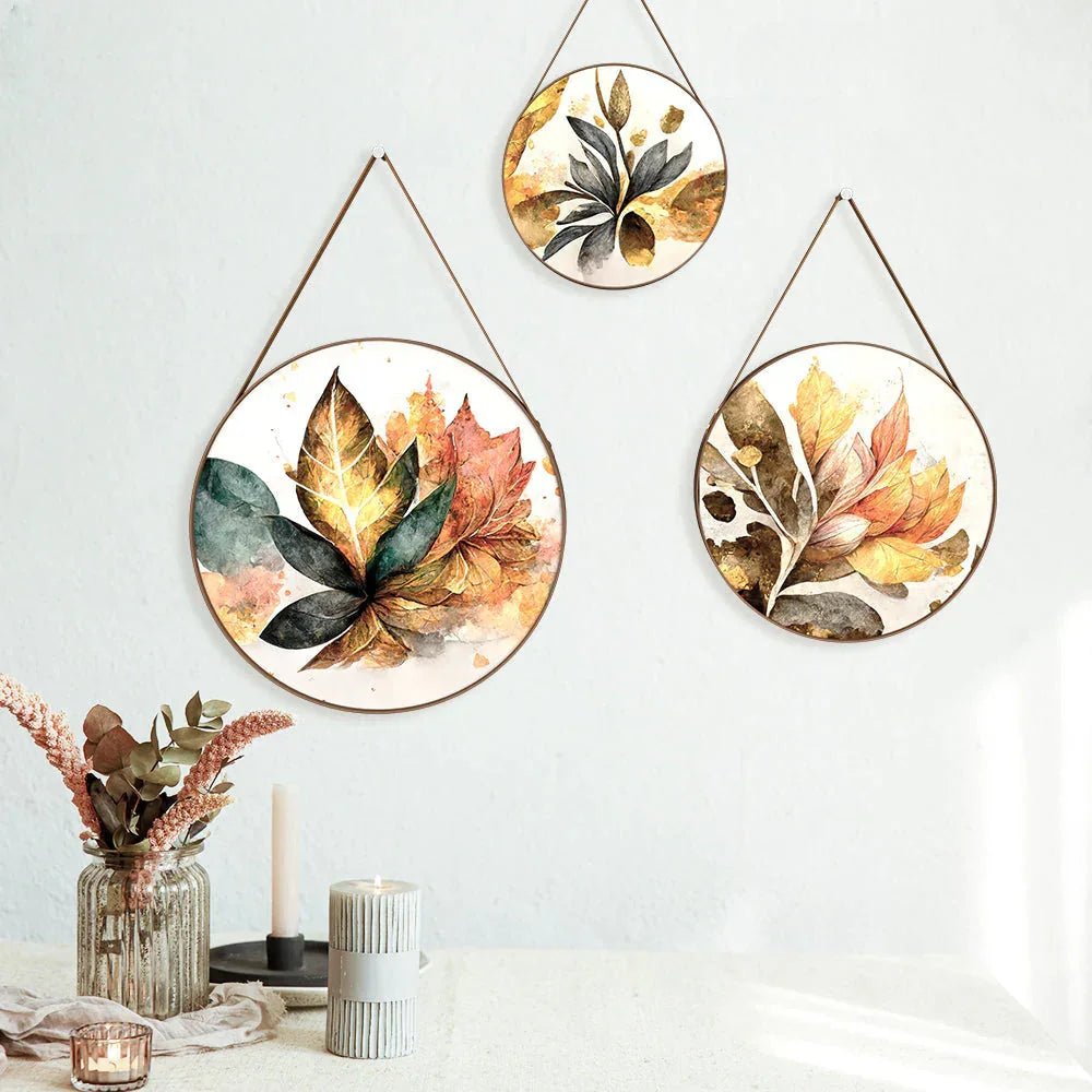 Artistic Brushed Leaves Round Framed Wall Art Set of 3 - All India Decor