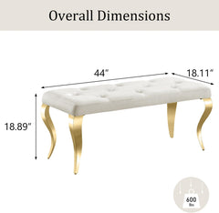 White tufted bench with gold legs and dimensions displayed