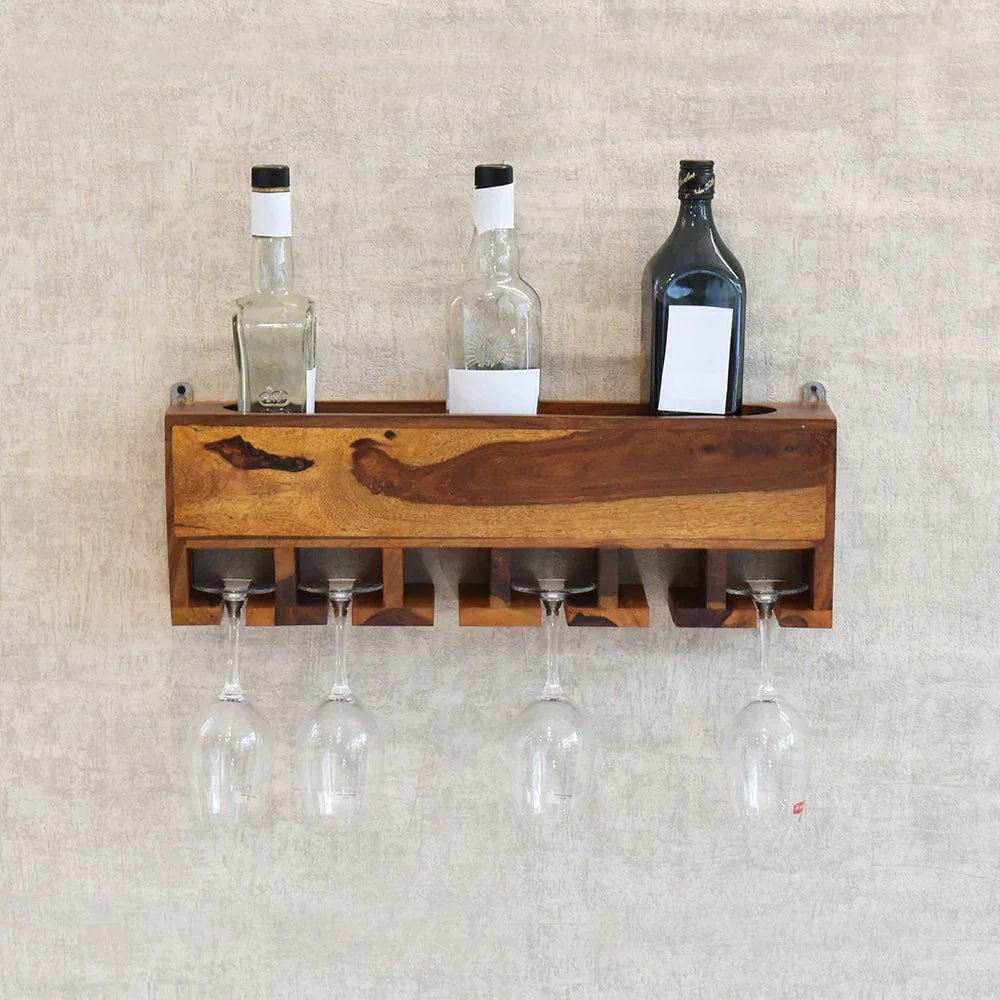 Yellow Natural Teak Wood Wall Mounted Bar Cabinet - All India Decor