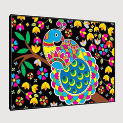 Beautiful Peacock Madhubani Painting / Canvas Print Stretched on Wood Bars 61 x 41cm - All India Decor