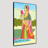 Beautiful Queen at Garden Madhubani Painting / Canvas Print Stretched on Wood Bars 61 x 41cm - All India Decor