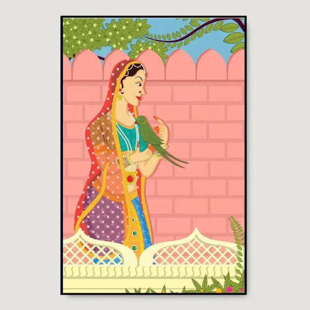 Beautiful Queen With Parrot Madhubani Painting / Canvas Print Stretched on Wood Bars 61 x 41cm - All India Decor
