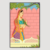 Beautiful Queen With Parrot Madhubani Painting / Canvas Print Stretched on Wood Bars 61 x 41cm - All India Decor