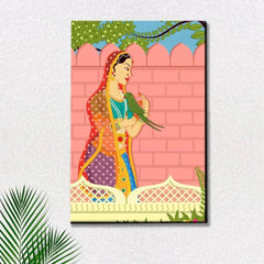 Beautiful Queen With Parrot Madhubani Painting / Canvas Print Stretched on Wood Bars 61 x 41cm - All India Decor