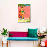 Queen with parrot Beautiful Madhubani Painting / Canvas Print Stretched on Wood Bars 61 x 41cm - All India Decor