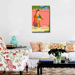 Queen with parrot Beautiful Madhubani Painting / Canvas Print Stretched on Wood Bars 61 x 41cm - All India Decor
