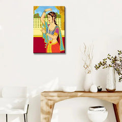 Beautiful Queen Madhubani Painting / Canvas Print Stretched on Wood Bars 61 x 41cm - All India Decor