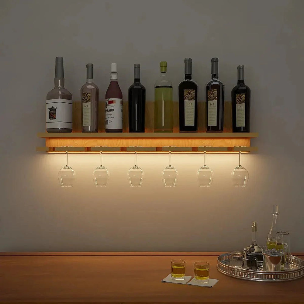 Aesthetic Backlit MDF Bar Wall Shelf / Mini Bar Cabinet (Light Oak FInish) - All India Decor