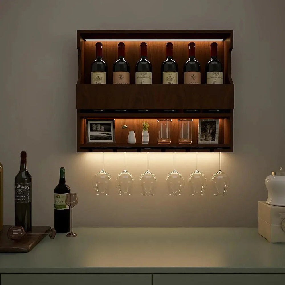 Exquisite Backlit MDF Bar Shelf / Mini Bar Cabinet in Walnut Finish - All India Decor