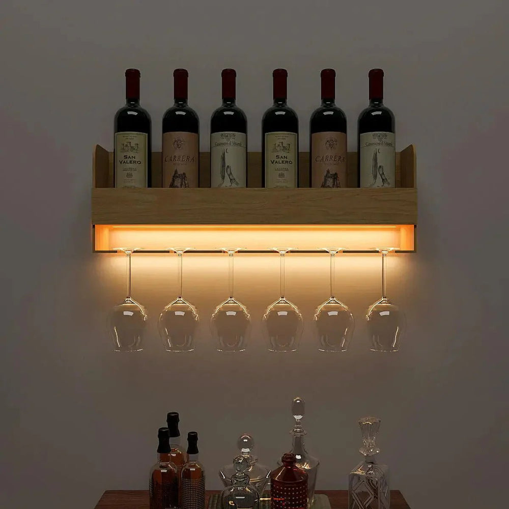 Minimalistic Backlit Wall Mounted Bar Shelf in Light Oak Finish - All India Decor