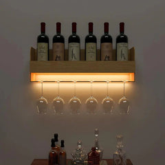 Minimalistic Backlit Wall Mounted Bar Shelf in Light Oak Finish - All India Decor